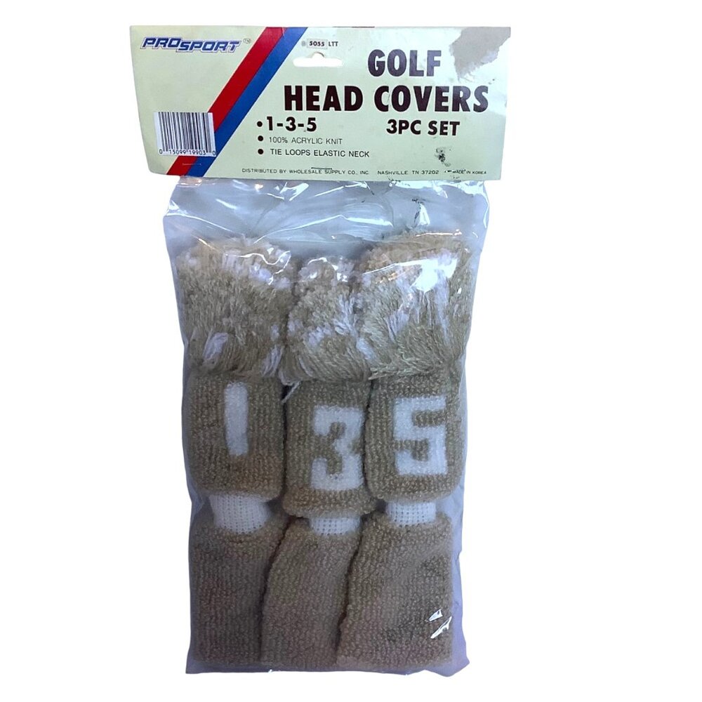 Vtg‎ Prosport Golf Head Covers 3PC 1-3-5 Acrylic Knit Tie Loop Elastic Neck Tan